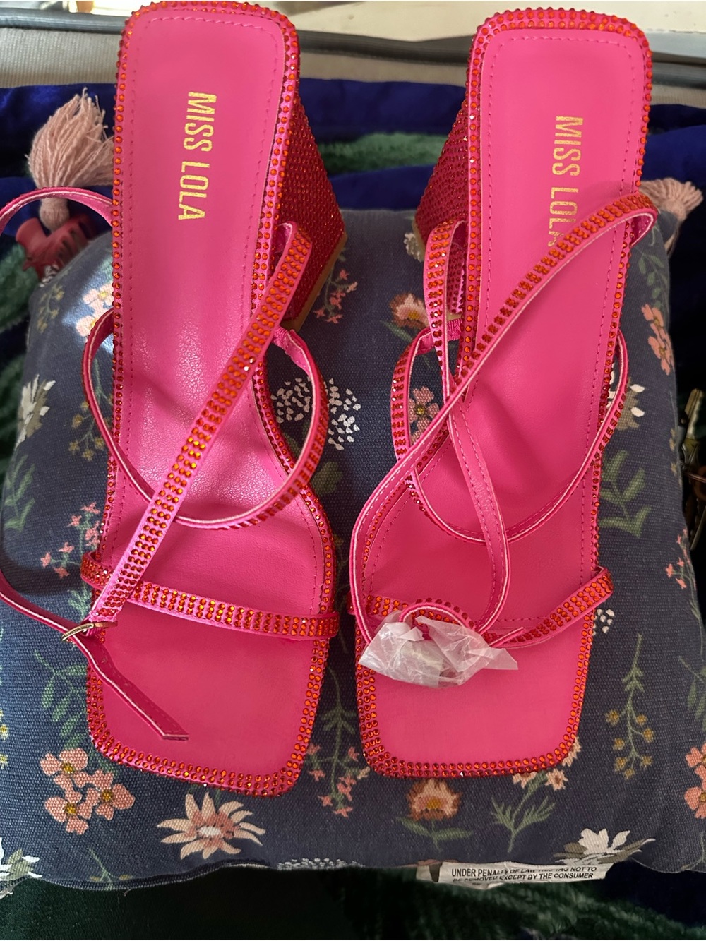 Miss Lola Fuchsia Rhinestone Strap Block Heels - Picture 2 of 5